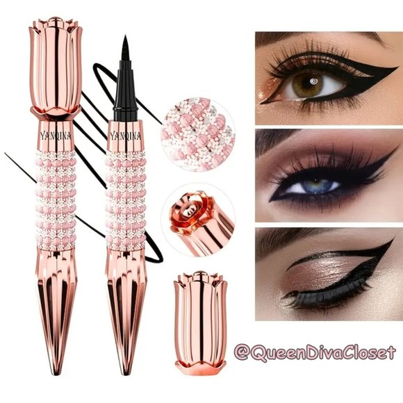 Queen Rose Crown Style Scepter Rose-Gold Rhinestone Liquid Eyeliner Pen Black - Picture 2 of 7